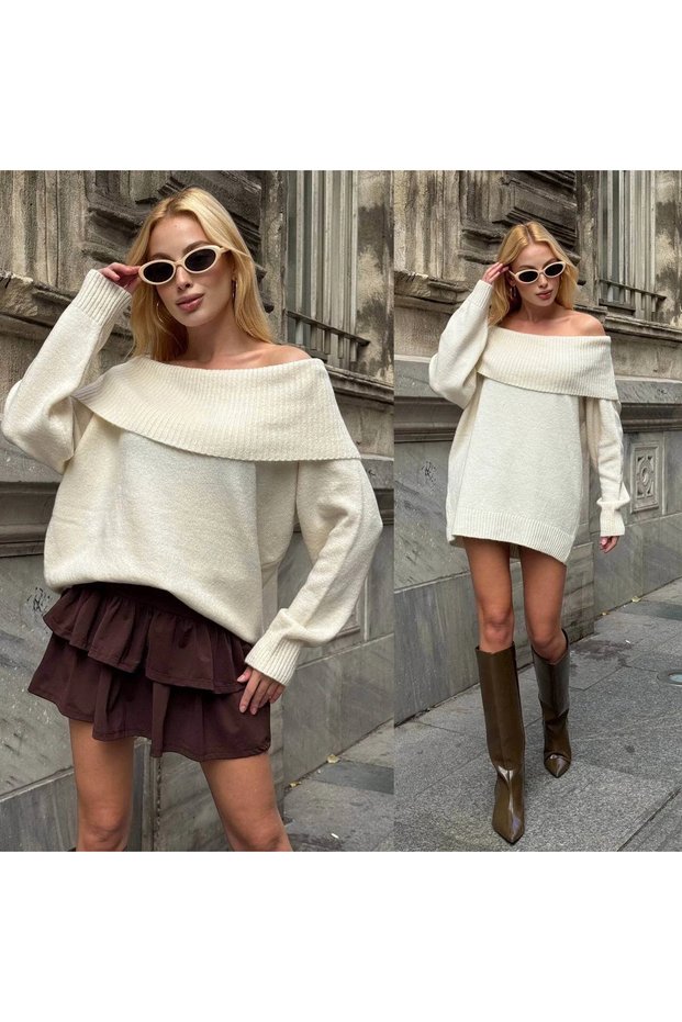 Women's Cream Madonna Collar Off Shoulder Oversized Relaxed Fit Thick Knitwear Sweater Dress