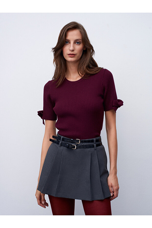 10828 Corded Fabric Short Sleeve Sweater-Burgundy M.