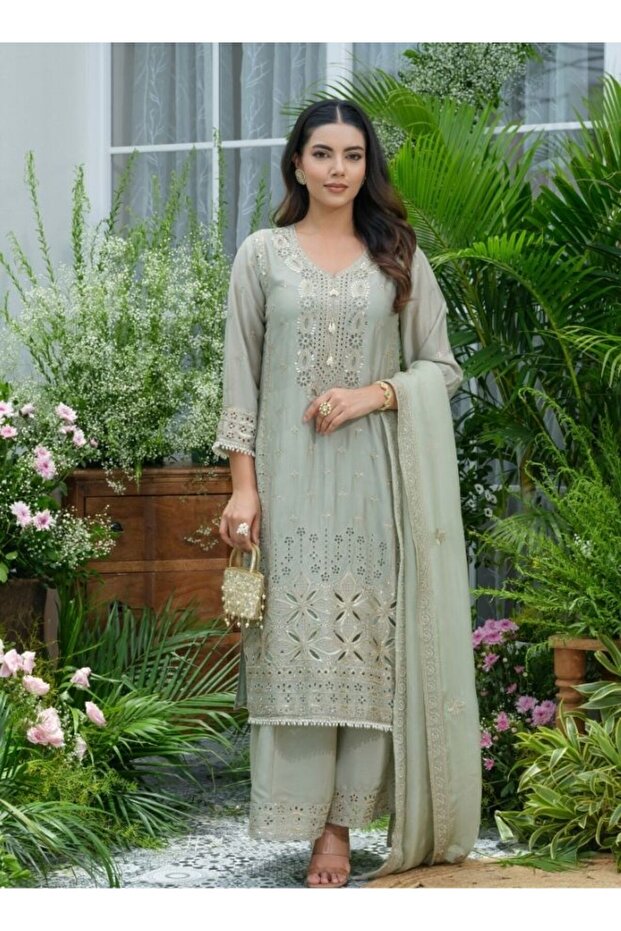Elegant Sage Green Chikankari-Style Kurta Set