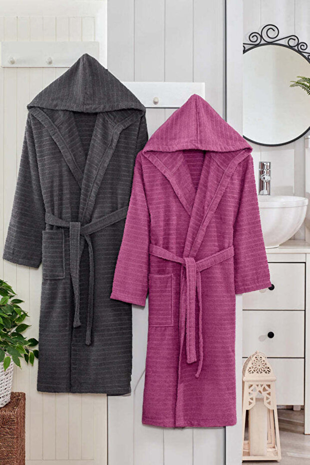 Doğa Set of Hooded Plum Anthracite Bathrobes