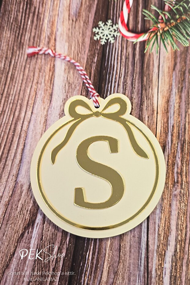 Initial Letter Round Model Bow Christmas Tree Ornament - Gold Initial Letter and Bow Design New Year Ornament
