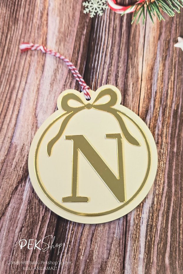 Initial Letter Round Model Bow Christmas Tree Ornament - Gold Initial Letter and Bow Design New Year Ornament