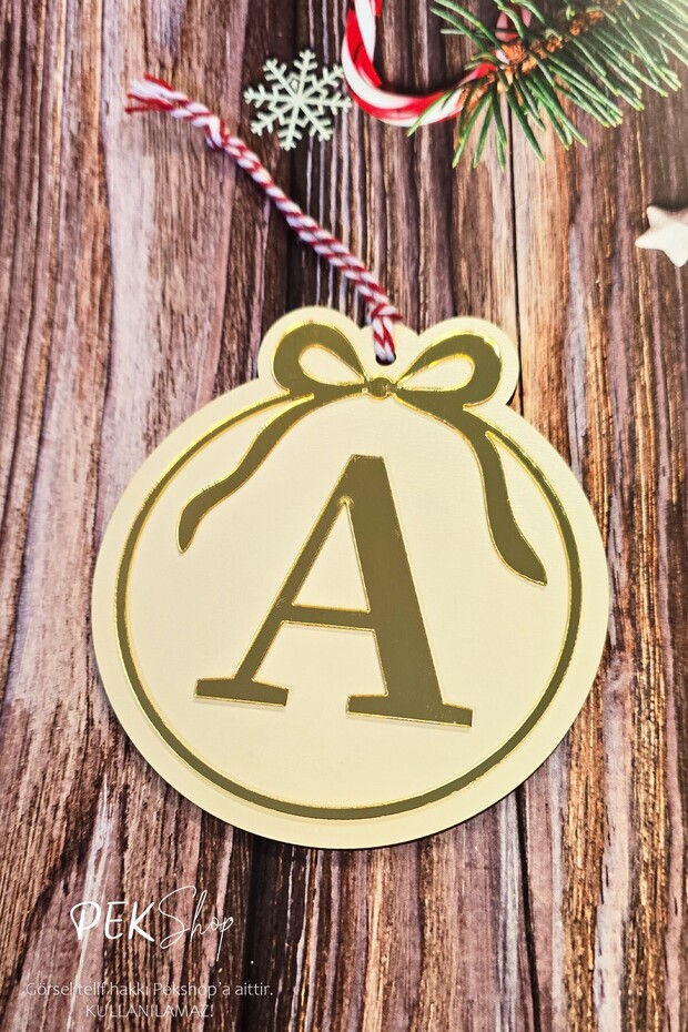 Initial Letter Round Model Bow Christmas Tree Ornament - Gold Initial Letter and Bow Design New Year Ornament