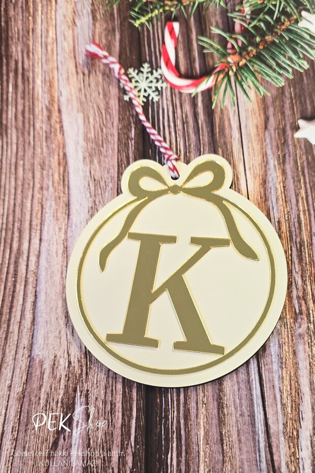 Initial Letter Round Model Bow Christmas Tree Ornament - Gold Initial Letter and Bow Design New Year Ornament