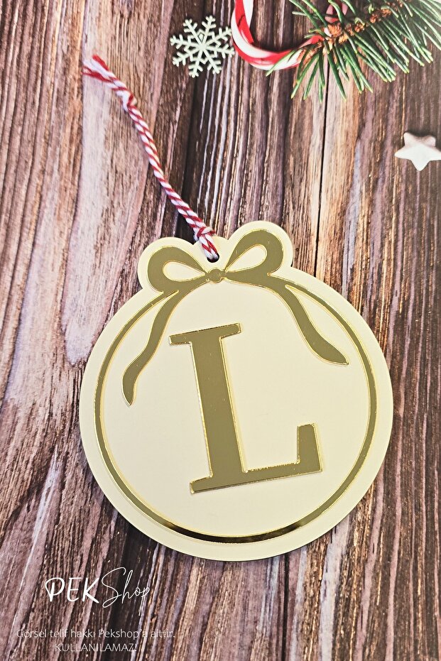 Initial Letter Round Model Bow Christmas Tree Ornament - Gold Initial Letter and Bow Design New Year Ornament
