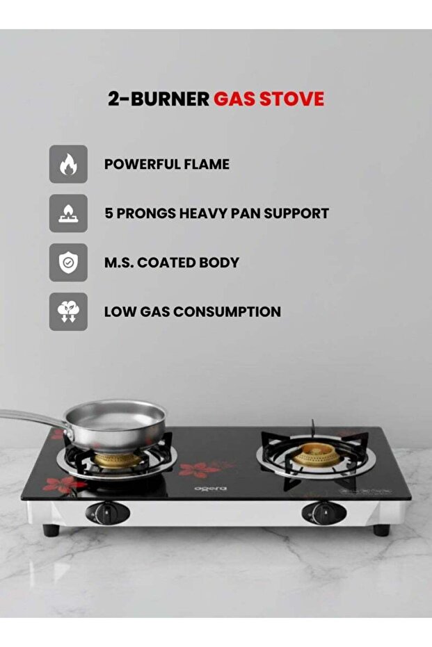 2-Burner Gas Stove OG3013GC - Toughened Glass Top, MS Coated Body, 5-Prong Support, 2-Year War