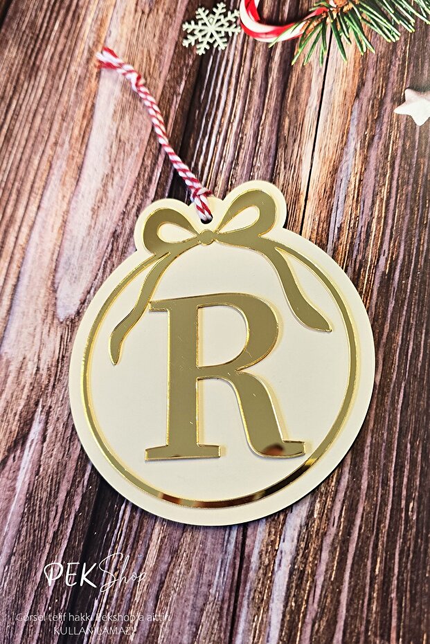 Initial Letter Round Model Bow Christmas Tree Ornament - Gold Initial Letter and Bow Design New Year Ornament