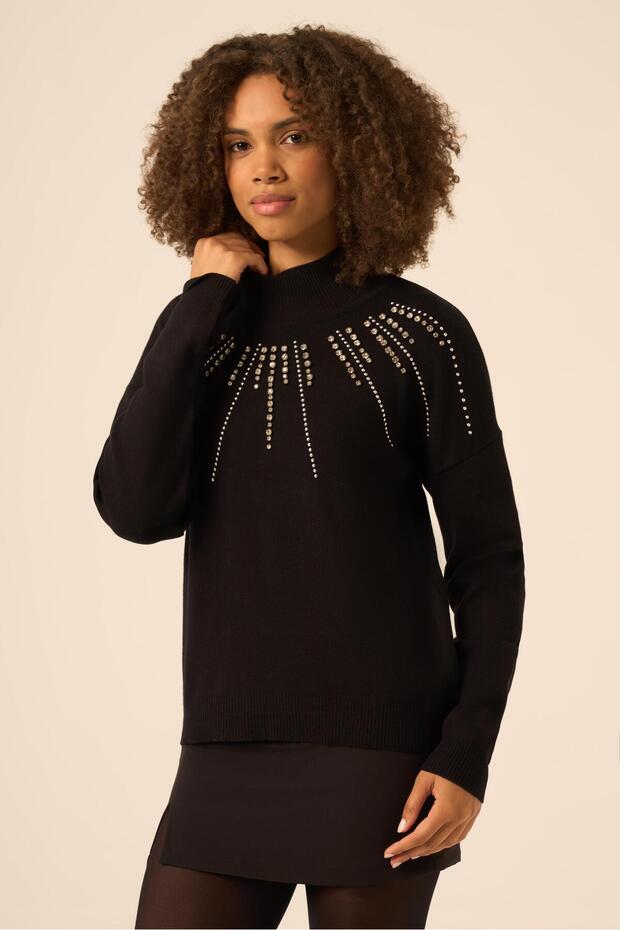 Women's Stone Embroidered Sweater Black 25194