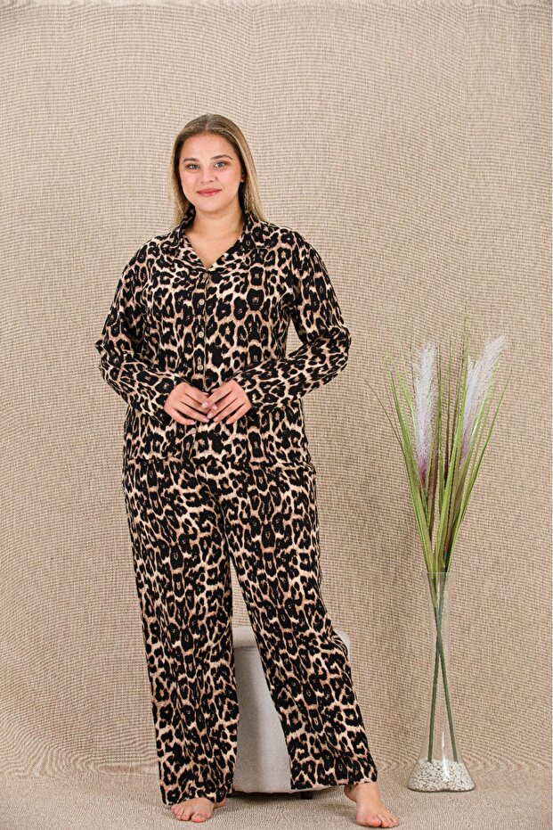 Long Sleeve, Shirt Collar, Patterned, Buttoned All Over, Oversized Women's Pajama Set