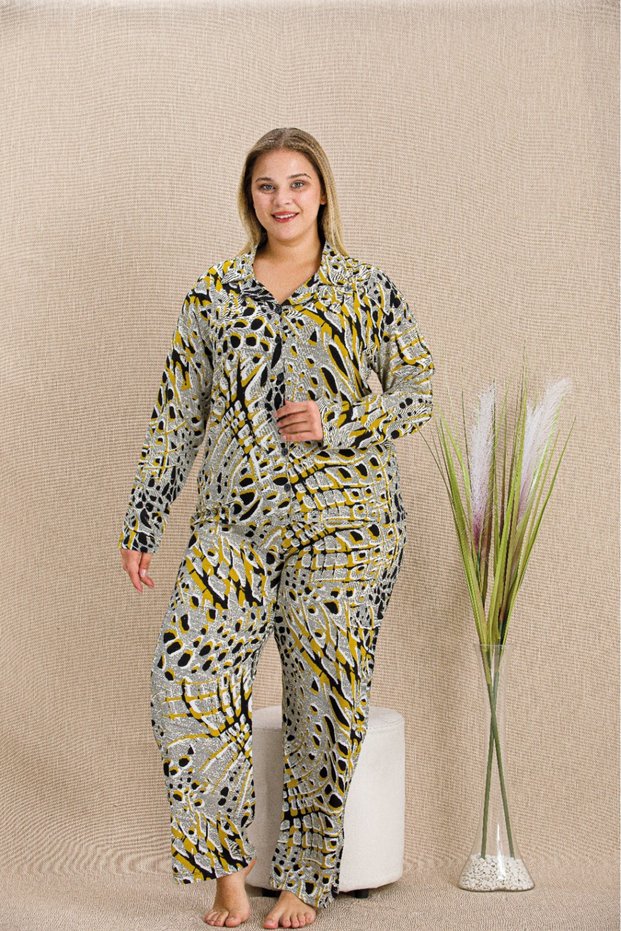 Long Sleeve, Shirt Collar, Patterned, Buttoned All Over, Oversized Women's Pajama Set