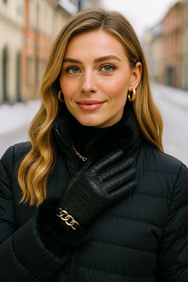 Black Leather Women's Gloves with Accessory Detail