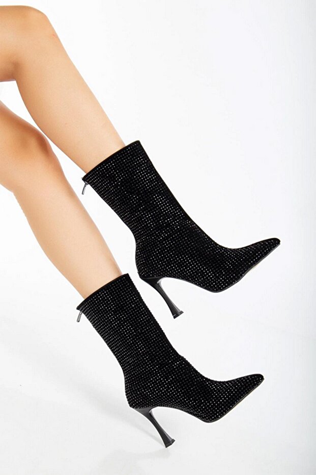 Women's Londen Black Suede Black Stone Embroidered 9 cm Thin Heeled Back Zipper Short Boots