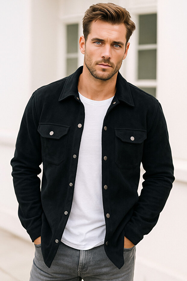 Men's Black Suede Thick Shirt Seasonal Jacket with Double Pocket Detail