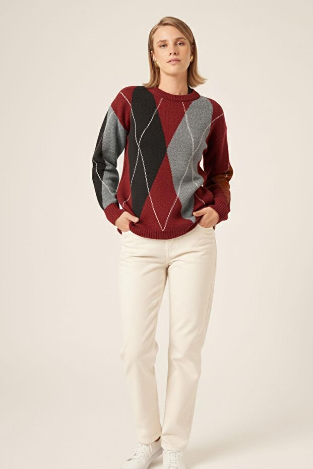 Women's Comfortable Cut Diamond Patterned Sweater Claret Red 25094