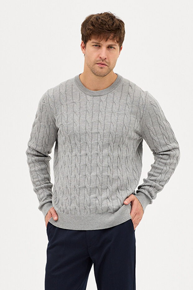 Vaclav Men's Light Gray Hair Braided Cotton Crew Neck Sweater