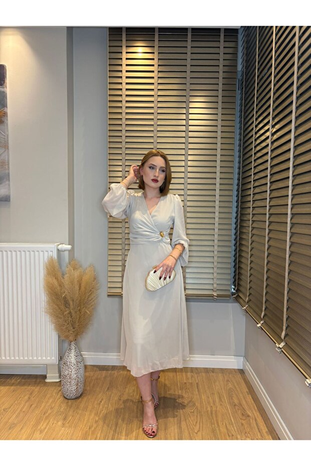 Tokalı Şifon Kruvaze Midi Elbise - 1