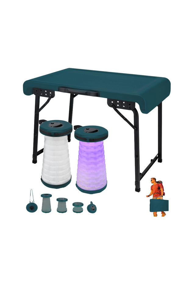 Outdoor Foldable Table with 2 Adjustable Led Stools - Lightweight Portable Camping Table (Green)