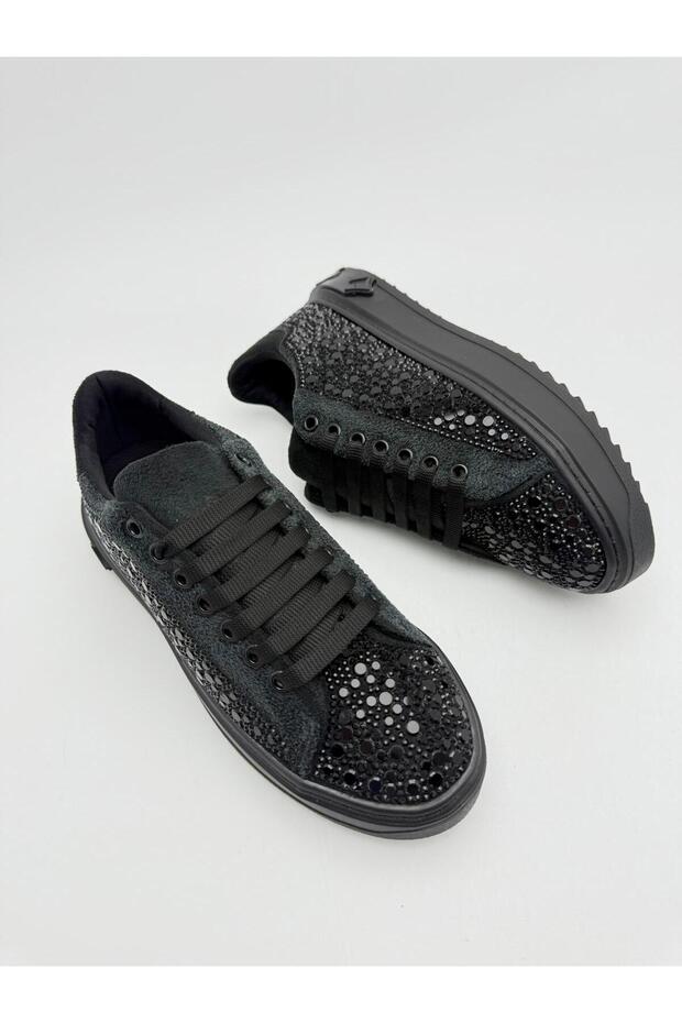 Suede Detailed Full Stone Sparkling Casual Women's Sports Shoes