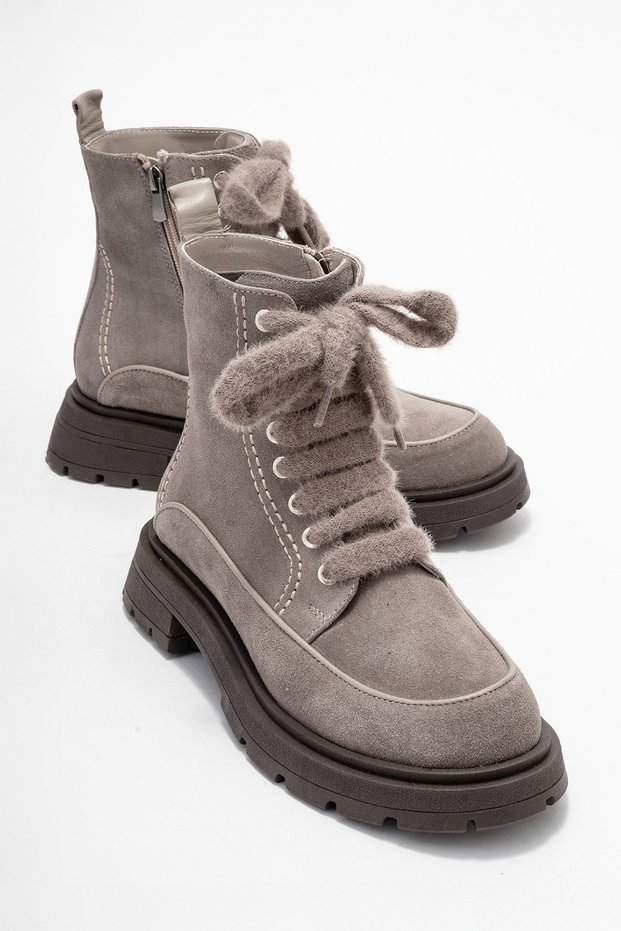 MINA Taupe Suede Genuine Leather Women's Combat Boots