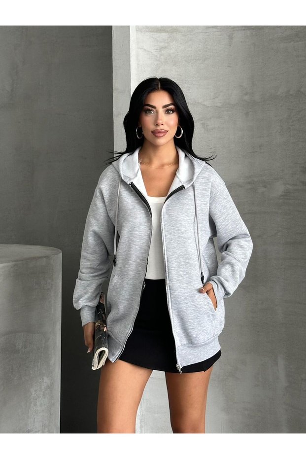 Fermuarlı Kapüşonlu Oversize Hırka