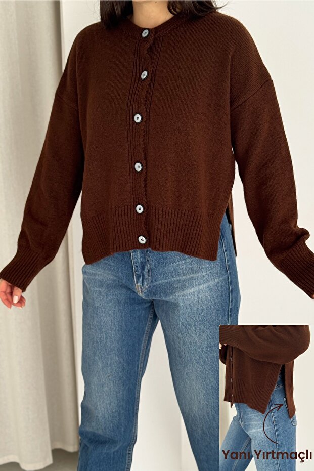 Brown Oversized Sweater Cardigan with Slit Buttons on the Side Standard Size