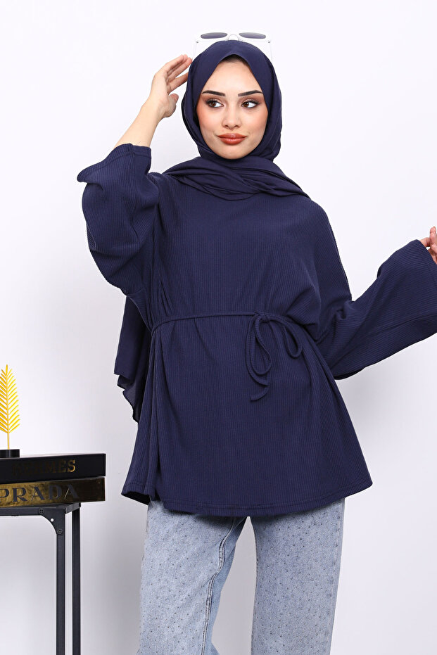 Navy Blue Crew Neck Waist Belted Tunic