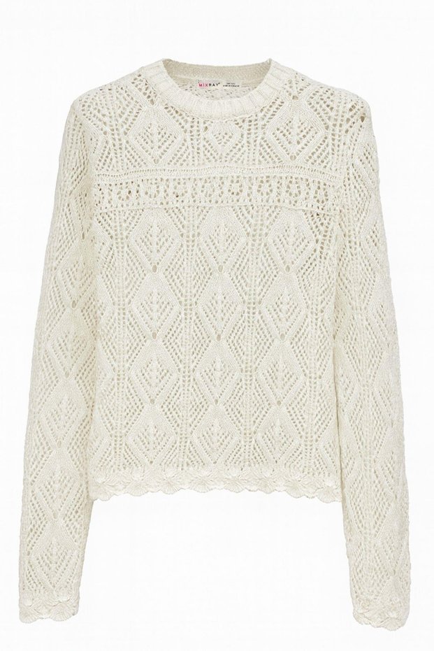6867 Women's Square Pattern Lace-Like Knit Knitwear Sweater White