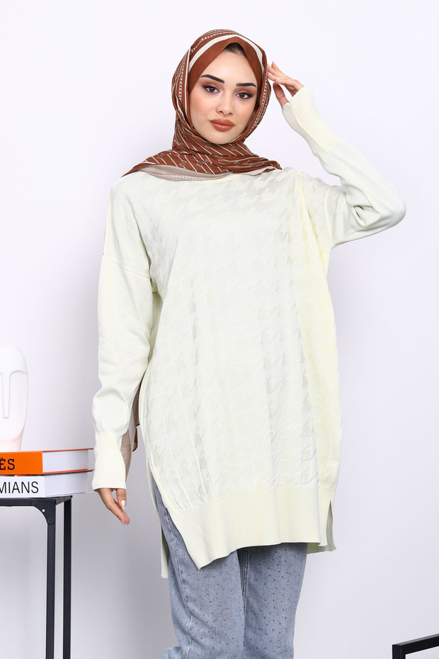 Cream Houndstooth Patterned Cold Yarn Knitwear Tunic