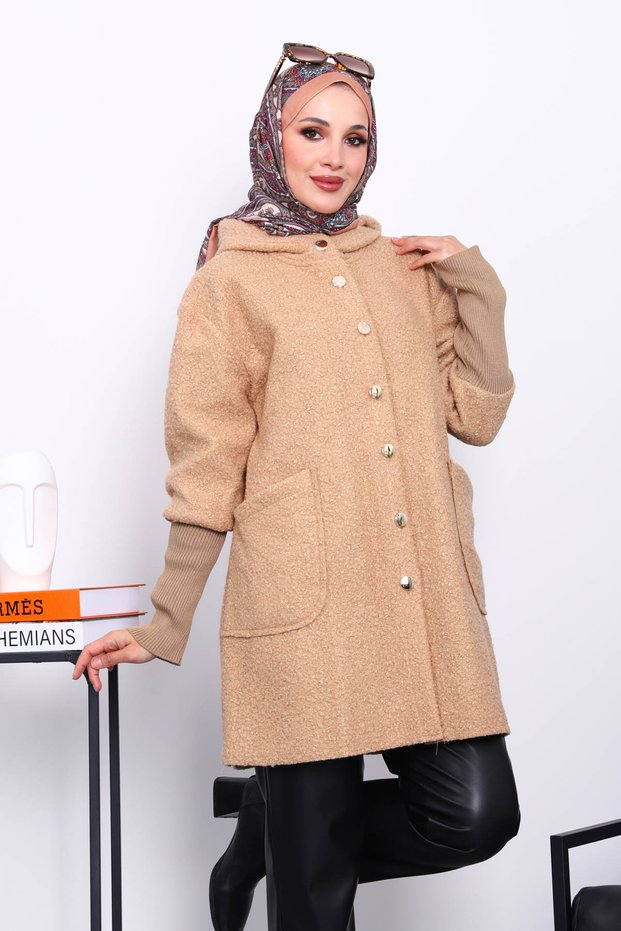 Biscuit Hooded Boucle Coat