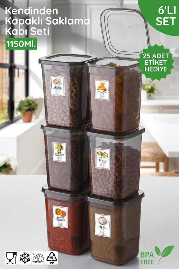 Set of 6 with Labels Gift with Self-Covering Lid 1150ml. Square Storage Container - Microwave and Freezer Safe