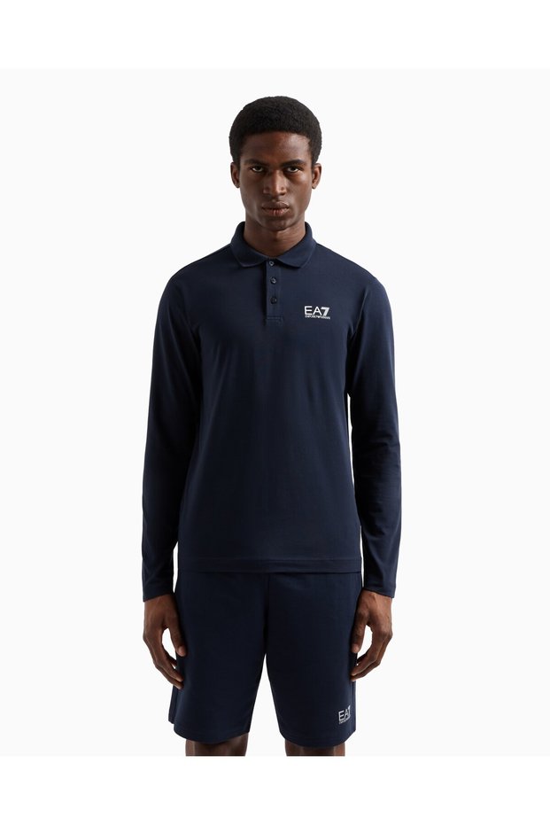Men's Cotton Long Sleeve Woven Daily Use Blue Polo Collar T-Shirt