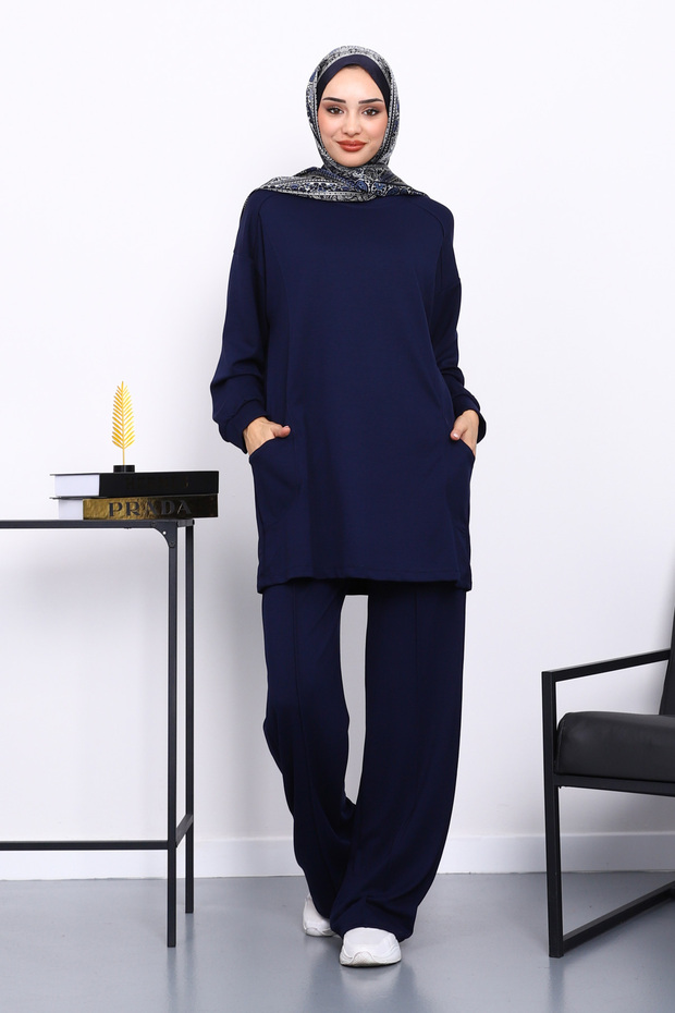 Navy Blue Side Pocket Shoulder Piece Bottom piped Modal Set