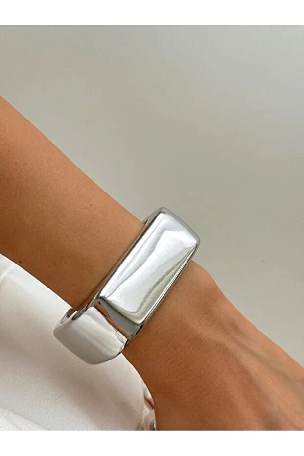 Silver Color Rectangular Cornered Shape Adjustable Plate Clamp Bracelet - 3