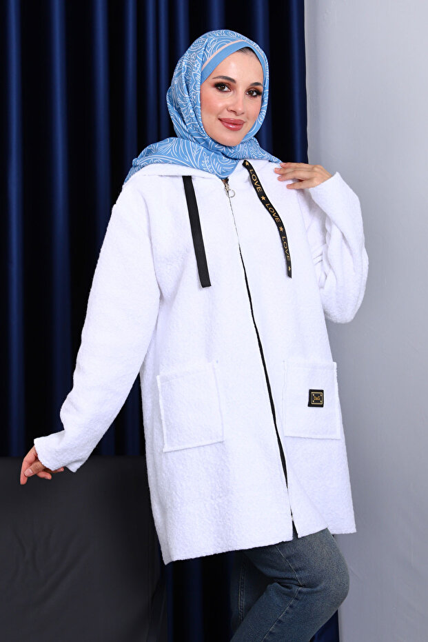 Ecru Hooded Boucle Coat with Pockets