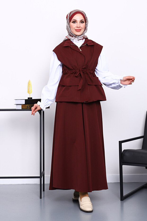 Burgundy Pocket Vest and Skirt Bondit Set
