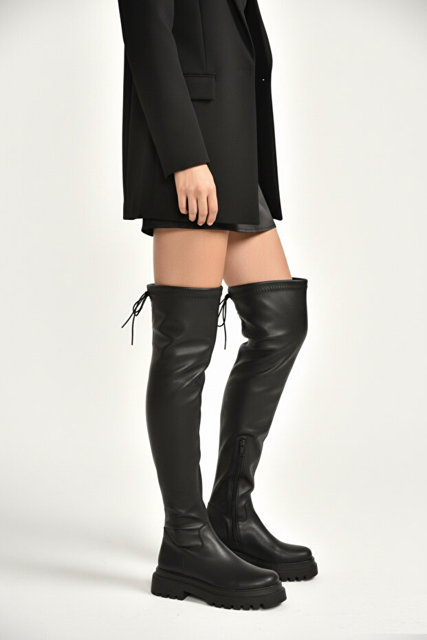 V404602009 Black Faux Leather Over-The-Knee Stretch Sock Boots