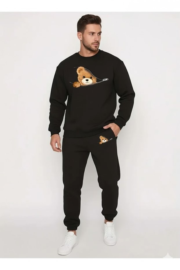 Women's Crew Neck Zipper Cute Bear Printed Bottom Top Gray Black Tracksuit Set
