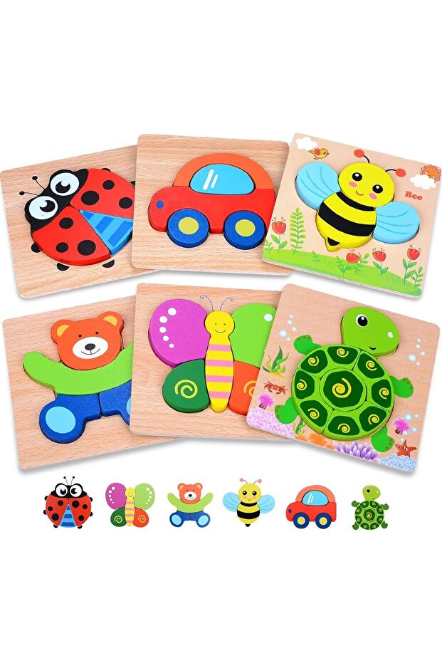 Wooden Toddler Puzzles Learning Educational 6 Animal Shape Jigsaw Eco Friendly Child Kid Montessori