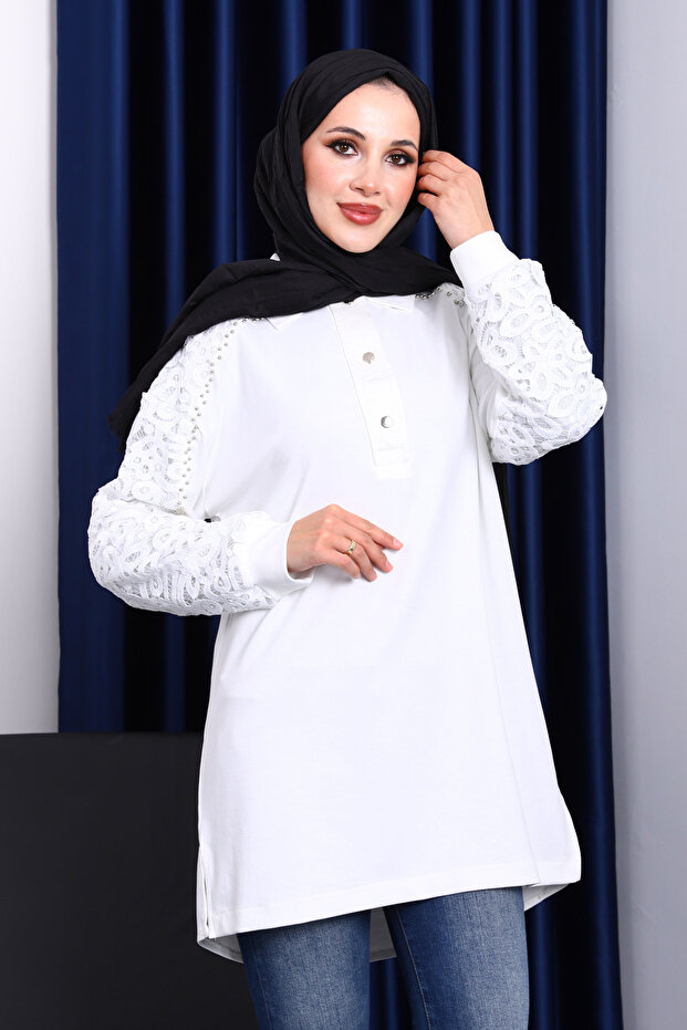Ecru Stone Embroidered Buttoned Tunic
