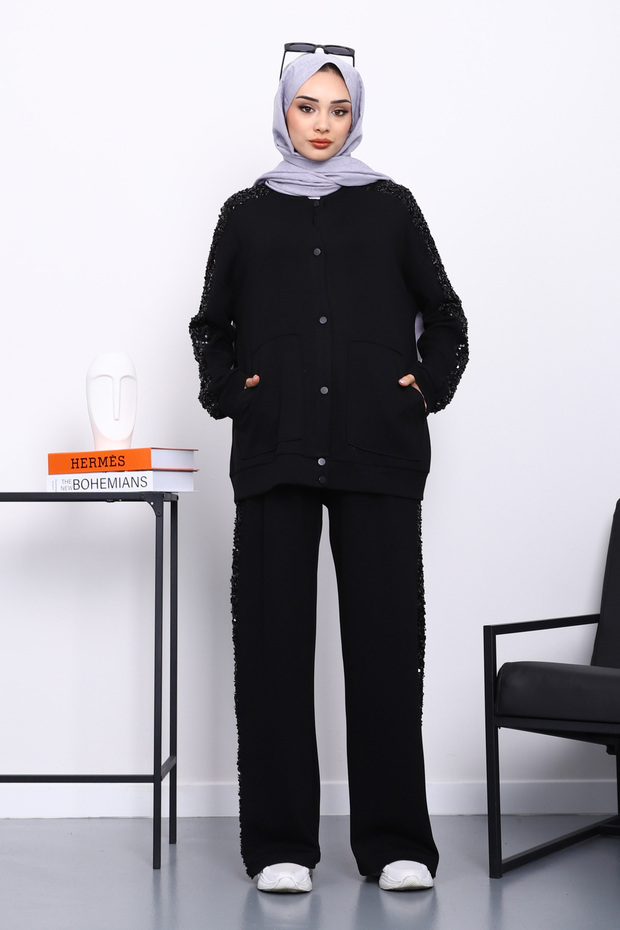 Black Sequined Tunic Trouser Suit