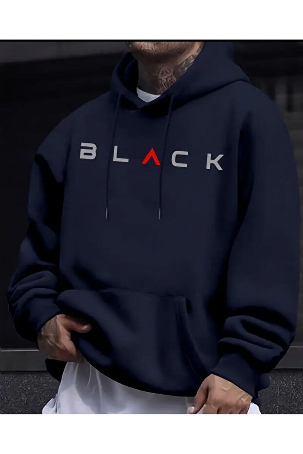 Black K Hooded Sweatshirt with Text Detail and Fleece Inside