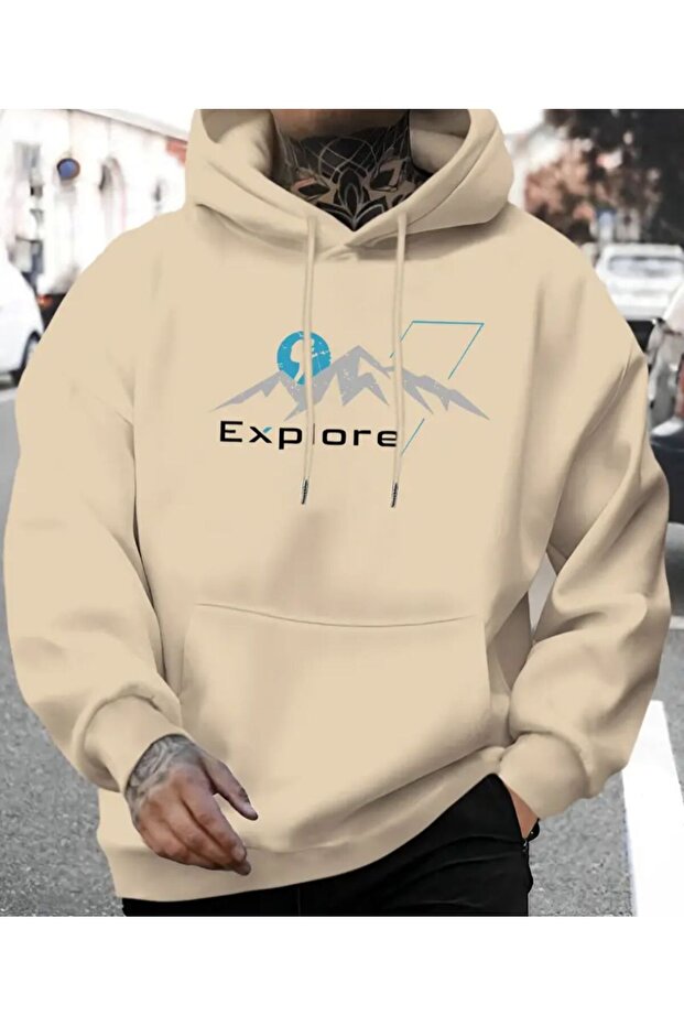 Expore K Hooded Sweatshirt with Text Detail and Fleece Inside