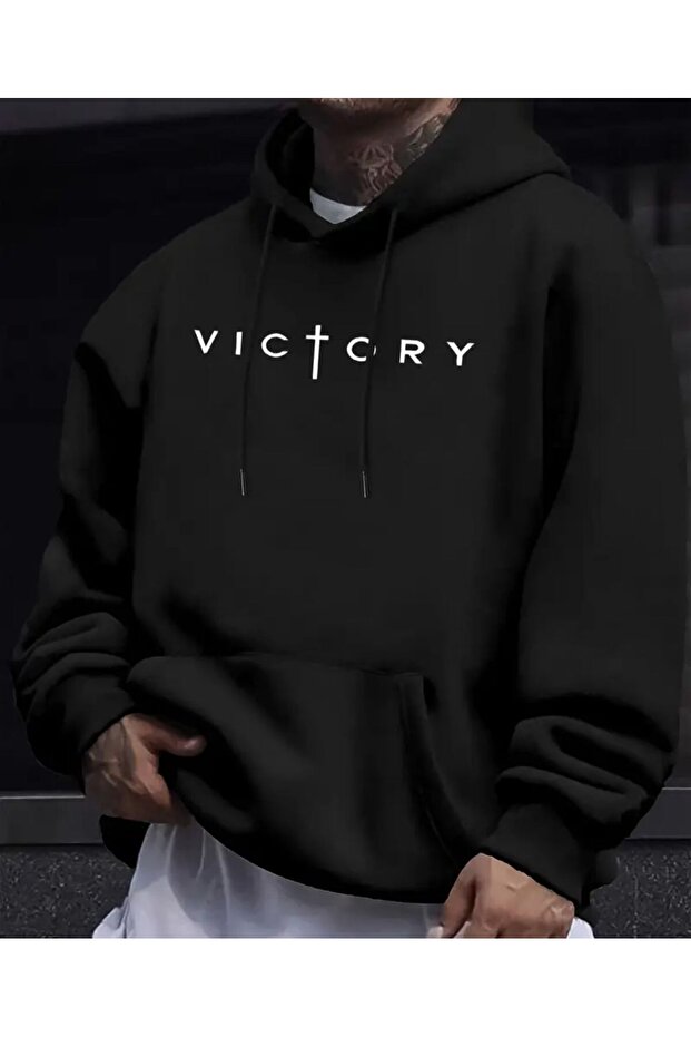 Victory K Hooded Sweatshirt with Text Detail and Fleece Inside