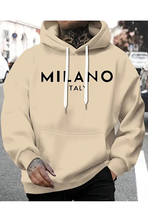 Milano K Hooded Sweatshirt with Text Detail and Fleece Inside