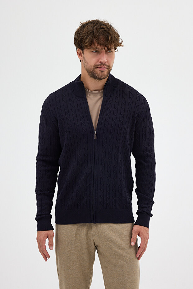 Bernat Men's Navy Blue Full Zipper Hair Braided Cotton Sweater