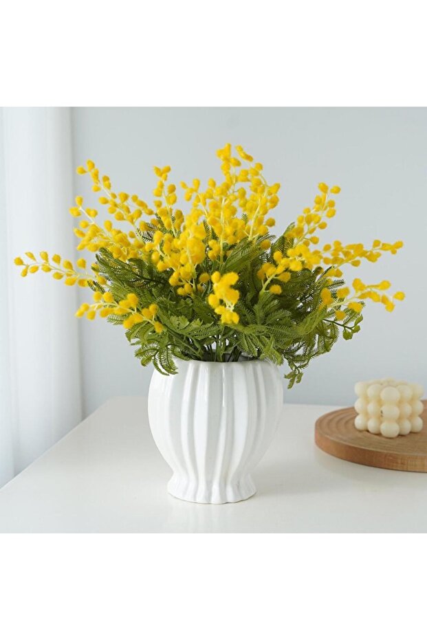 Yapay Çiçek Sarı Mimoza Demeti 5 Dallı 38cm Mimosa Yapay Bitki - 1