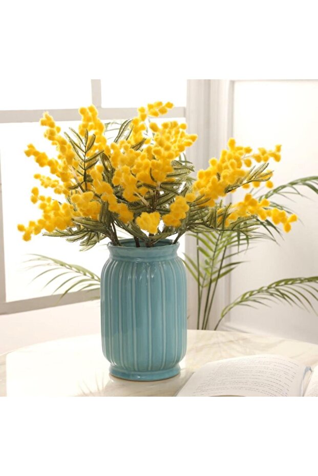 Yapay Çiçek Sarı Mimoza Demeti 5 Dallı 38cm Mimosa Yapay Bitki - 8
