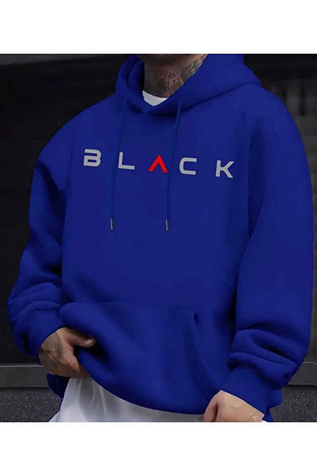 Black K Hooded Sweatshirt with Text Detail and Fleece Inside