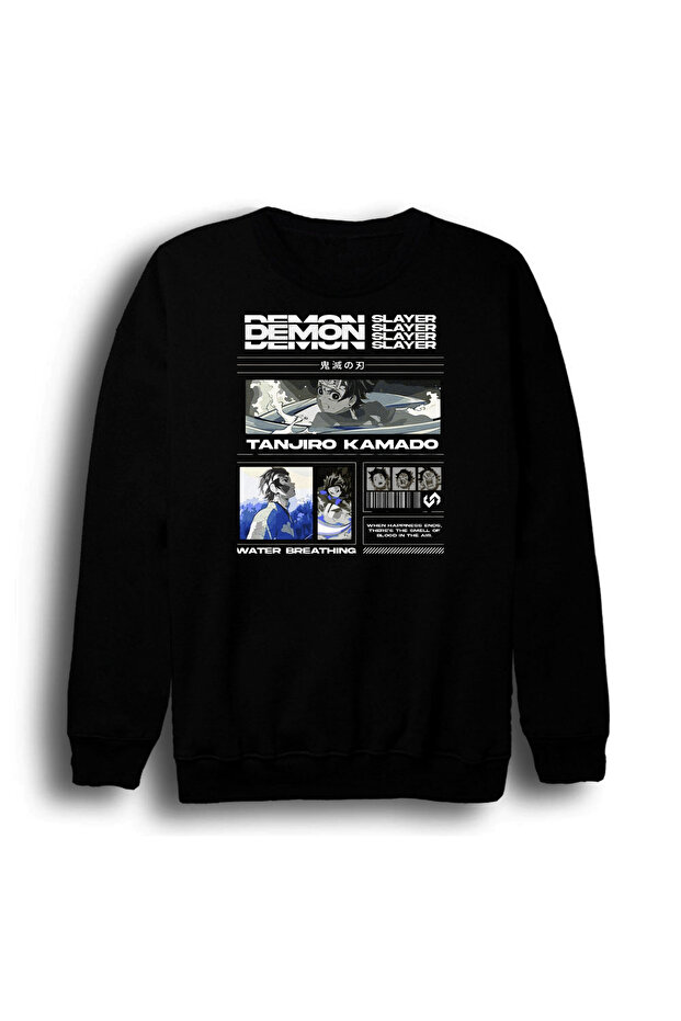 Demon Slayer Tanjirō Kamado Anime Printed Unisex 100% Cotton Black Crew Neck Sweatshirt