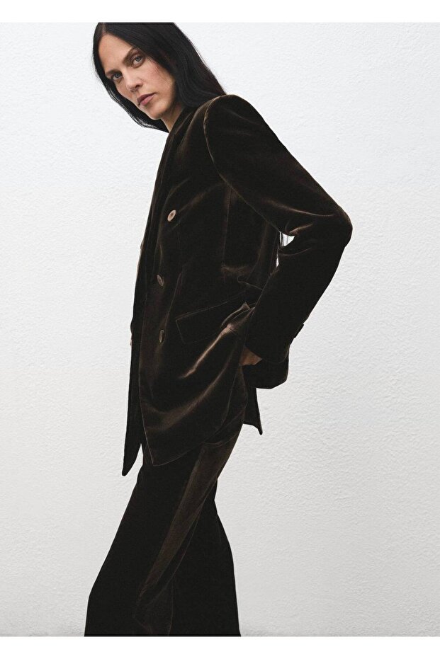 Kadife çift düğmeli kumaş blazer ceket - 1